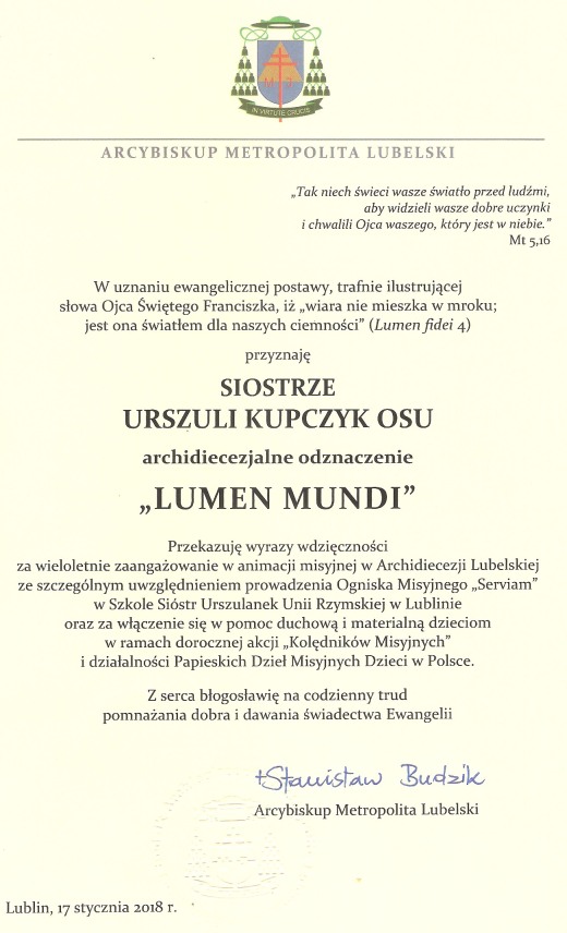 Lumen Mundi odznaczenie